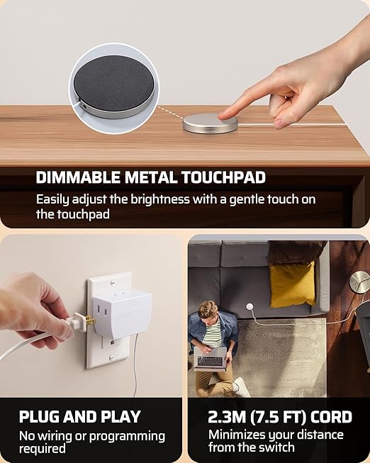 DEWENWILS 2 Pack Touch Dimmer Switch, Plug and Play Lamp Touch Control Pad, Touch Lamp Switch, Dimmable LED/CFL Lights, and Incandescent Bulbs, Dimmer Extension Cord, ETL Listed, White