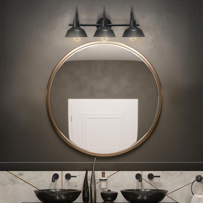 Globe Electric 65554 Barnyard 3-Light Vanity Light, Matte Black, White Interior Shades
