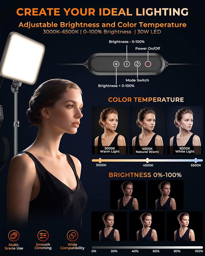 Torjim 12 Inch Video Light Kit for Creators | 30W High Brightness | Studio Lights with Tripod Stand & Phone Holder | 3000-6500K Adjustable Photography Lighting for YouTube Streaming Home Studio