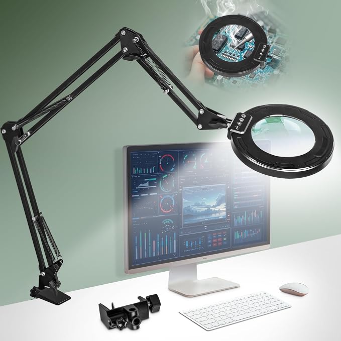 Ultra Long 3-Section Swing Arm 12X Magnifying Glass with Light-Black | 4-Way Large Metal Clamp, 5 Color Modes LED, 35.2Inch Lighted Magnifier Lamp for Workbench Crafting Hobby Soldering Sewing