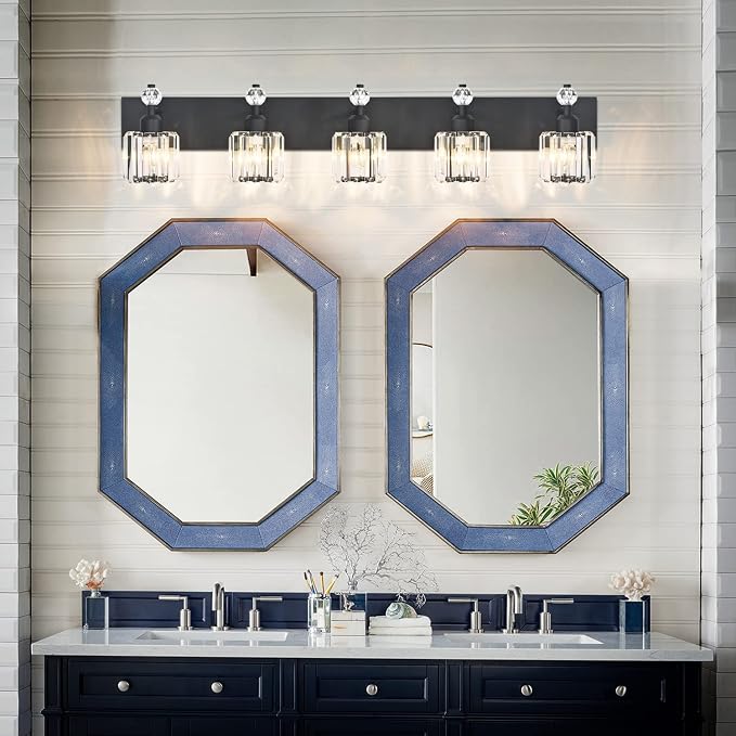 PRESDE 5-Light Crystal Bathroom Vanity Light Modern Matte Black Bathroom Lights Fixtures Over Mirror Wall Lamp for Over Mirror Bedroom Hallway
