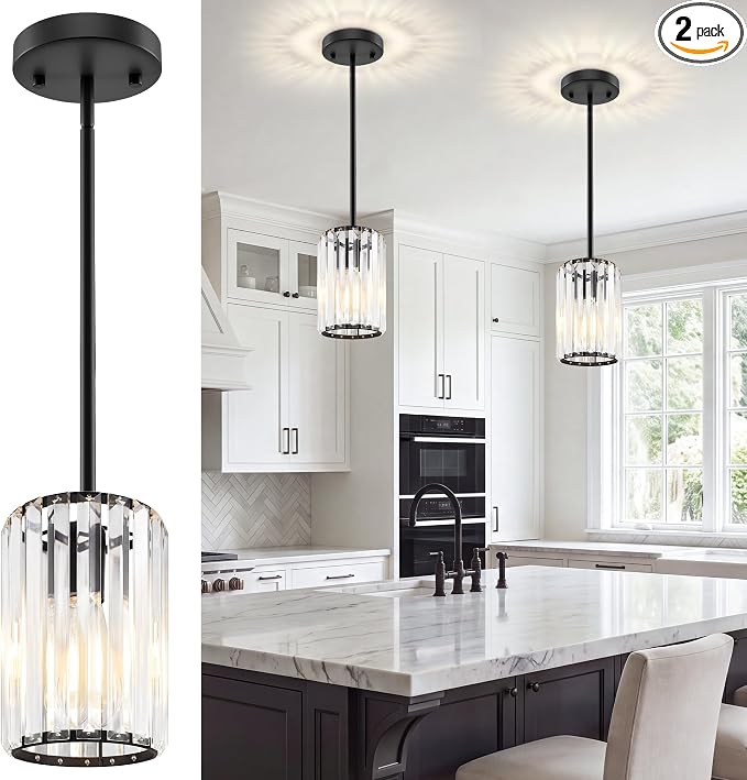 Black Pendant Light, Modern Crystal Pendant Lights Kitchen Island, Kitchen Island Lighting with Adjustable Height, UL Certified Island Lights for Kitchen Dining Room Bedroom Hallway 2 Pack