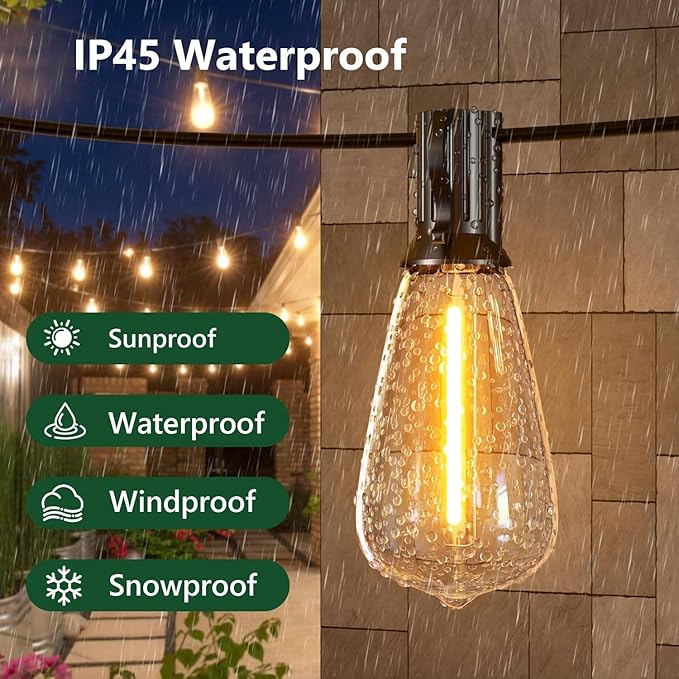 100FT Outdoor String Lights, Waterproof Patio Lights with Shatterproof ST38 Vintage Edison Bulbs, Connectable Outside Hanging Lights for Backyard, Porch, Deck, Balcony, Garden, 2500K Dimmable