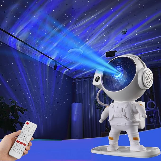White Noise Astronaut Aurora Galaxy Projector — 360° Rotating Star & Moon Night Light with Sleep Timer, Music Sync, Remote Control, Calming LED Mood Lamp for Bedroom, Kids' Room, Nursery