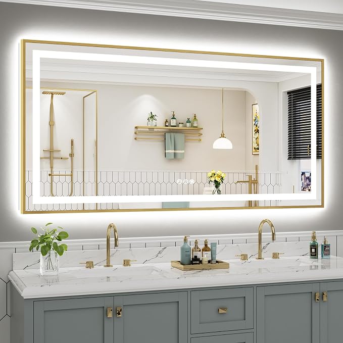 72x36 Inch LED Bathroom Mirror with Gold Frame, Backlit & Front Lit | Anti-fog, 3 Color Dimmable, Memory Function, HD Reflection Tempered Glass, ETL Listed, IP54 Waterproof