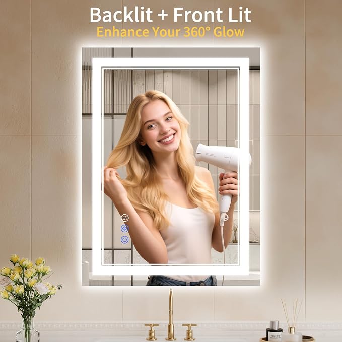 24"x32" LED Bathroom Mirror with Lights, Anti-Fog, Backlit + Front Lit, Dimmable, Led Vanity Mirror for Wall, Lighted Bathroom Mirror, 3 Colors, Shatter-Proof Tempered Glass