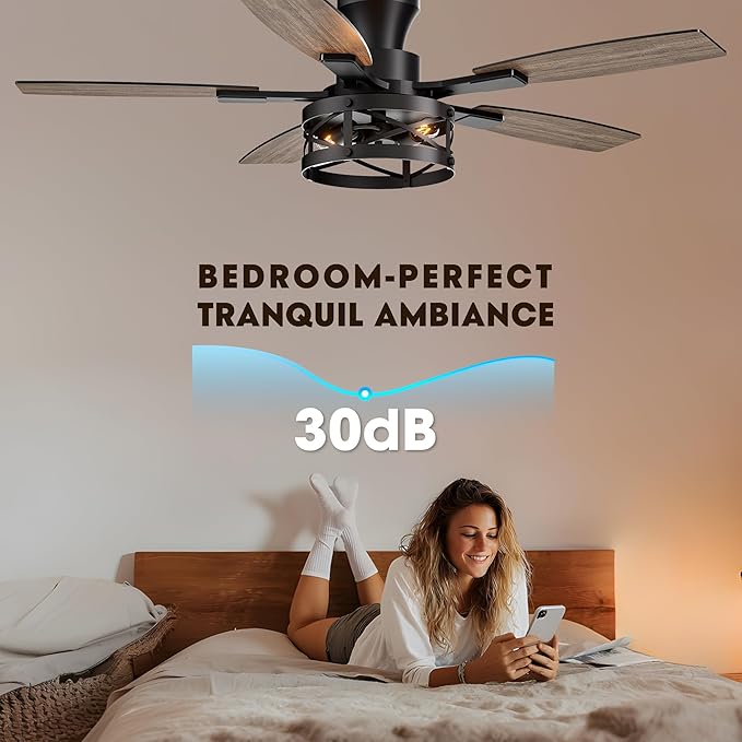 52-Inch Farmhouse Flush Mount Ceiling Fan Vintage wood-grain blades quiet powerful motor warm ambient light ideal for indoor spaces, bedrooms, living rooms farmhouse patios.