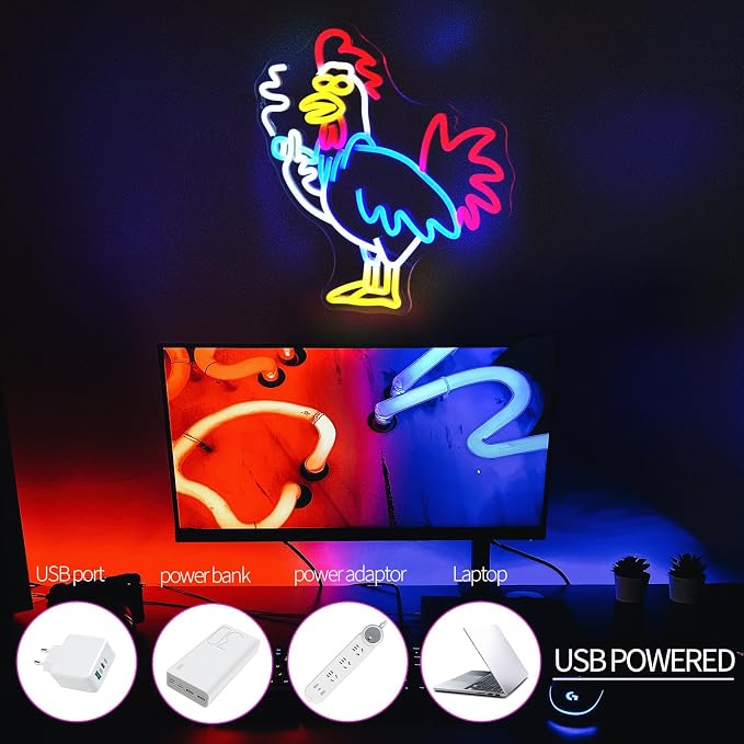 JEDAEMEN Rooster Neon Signs for Wall Decor LED Sign Neon Lights Room Decor | Rooster Led Light Sign Preppy Game Room Decor Light Up Sign for Birthday Party Decoration USB Powered