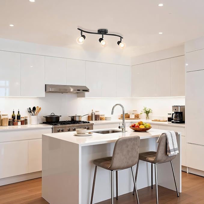 XiNBEi Lighting Black Track Lighting Kit with Glass for Kitchen, 3 Light | Curved Ceiling Spot Light, E26, S-Shaped Bar, Rotatable Head, Ceiling Light Fixture, For Kitchen Sink & Bathroom Hallway