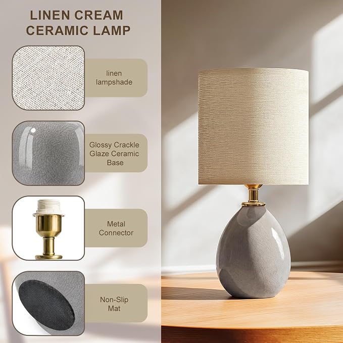 18.5" Table Lamp Set of 2 for Living Room Bedroom, Bedside Lamps for Night Stands, Desk Nightstand Lamp Dimmable, Modern Linen Cream Ceramic Lamps (Grey)