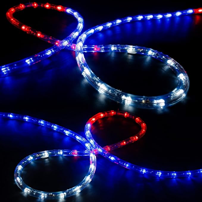 WYZworks 288LEDs, 25ft LED American Flag Red White Blue Outside Rope Lights, Waterproof Permanent Outdoor ETL Certified, Connectable, Palm Tree Decorative Landscape Patio Accent Lighting - USA