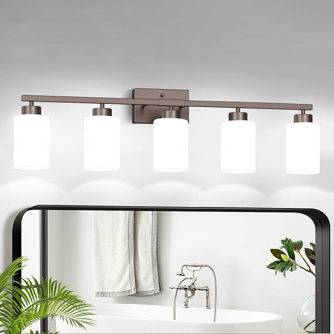 IZORRO Modern Bathroom Light Fixtures, 5 Light Oil-Rubbed Bronze Vanity Lights, Bathroom Lighting Fixtures Over Mirror with White Glass for Living Room Cabinet Bedroom