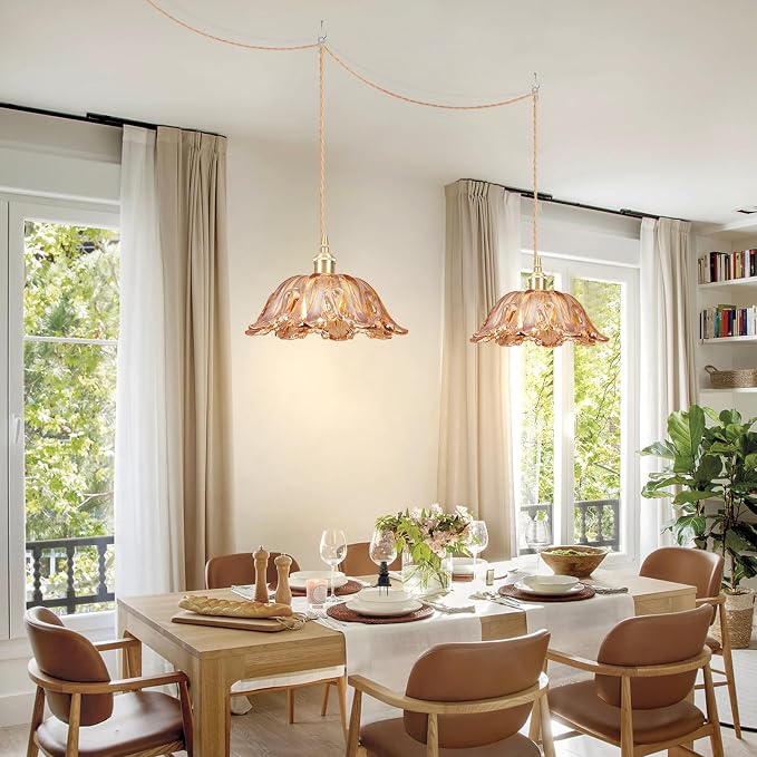 Plug in Pendant Light Fixtures,Hanging Light Fixture Amber Glass Pendant Light 10.6in E26 Pendant Lighting for Kitchen Island, Bedroom, Dining Room, Living Room