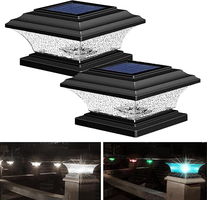 HUYIENO Solar Post Cap Lights - Outdoor LED Deck Fence Cap Light with 9 Light Modes, Bright White & 7 Color Fixed/Cycling Modes, Suitable for 4x4 & 5x5 Wooden Posts - Black, 2pk
