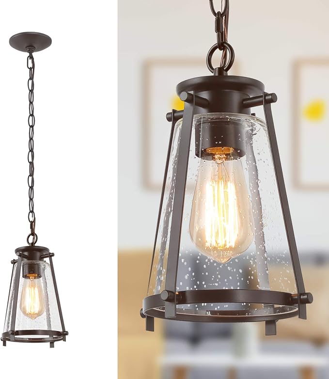 KSANA Bronze Pendant Lighting for Kitchen Island, Rustic Industrial Pendant Light with Seeded Glass Shade, 7.5" W
