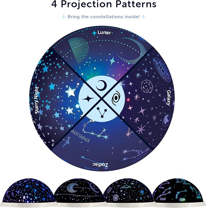 Globe Electric 13766 LED Integrated Color Changing Space Projector Night Light, 4 Interchangeable Projection Patterns, Removeable Dome Diffuser, USB or Battery Powered, Bulb Not Included