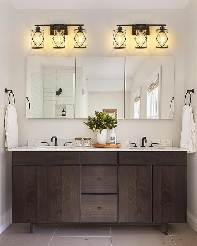 3-Light Black Bathroom Light Fixture, 21 Inch Modern Farmhouse Vanity Lighting Fixtures Over Mirror with Glass and Metal Cage, Wall Sconce Lights for Bath, Rust-Resistant, E26, CH9176BK-3W