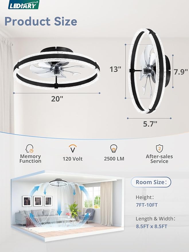 LEDIARY 20'' Low Profile Ceiling Fans with Lights and Remote, Black, 2 Pack | 3000-6000K Dimmable LED, 6 Wind Speeds, Quiet Reversible DC Motor, Small Flush Mount Fandelier for Bedroom, Living Room