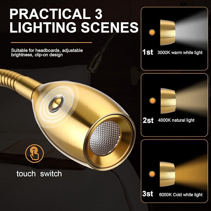 1 Pcs LED Clip on Reading Light for Bed Headboard, 3 Color Dimmable Stepless Book Light with Flexible Gooseneck Clamp Desk Lamp for Reading with USB for Bedroom, Dorms, Office, Studio (Gold)
