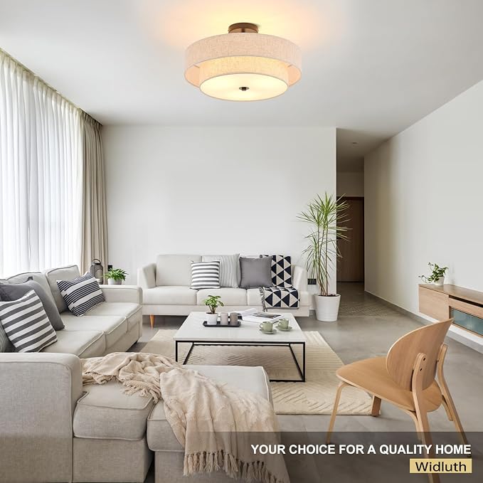Modern Semi Flush Mount Ceiling Light 18" Modern 3-Lights Black Drum Ceiling Lighting Fixture with Linen Shade Vintage Ceiling Lamp for Kitchen, Basement, Laundry Room, Bedroom