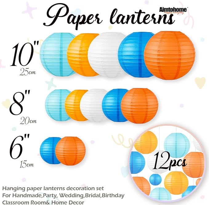 Blue & Orange Paper Lanterns Set (12 Pcs) - 6/8/10 Inch Hanging Lanterns for Cartoon Parties, Sports Events, Birthdays & Home Decor