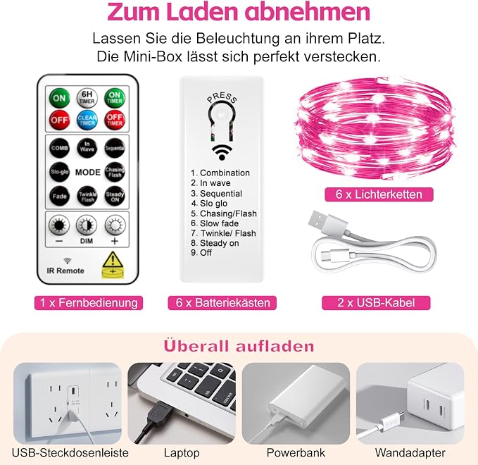 6 Pack Rechargeable Fairy Lights,7ft 20LEDs, Remote & DIY Timer | Dimmable Silver Wire, Mini Twinkle Lights, For Mason Jar, Indoor Christmas Bedroom Wedding Decor, Pink