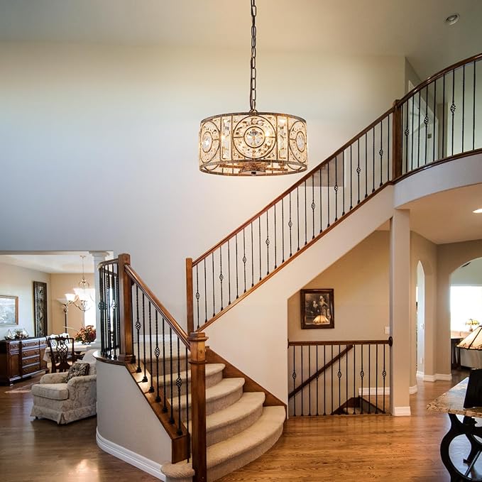 Bronze Vintage Crystal Chandeliers for Dining Room 14.17" Drum Pendant Lights, Dining Room Light Fixtures Over Table, Hanging Chandelier for High Ceiling Kitchen Island Living Room Foyer