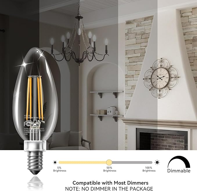 TJOY LED Candelabra Bulbs Dimmable, 60W Equivalent Chandelier Light Bulbs, E12 Small Base, 4.5W 5000K Daylight, B11 Vintage LED Filament Clear Glass Candle Light for Ceiling Fan, Chandeliers, 6 Pack