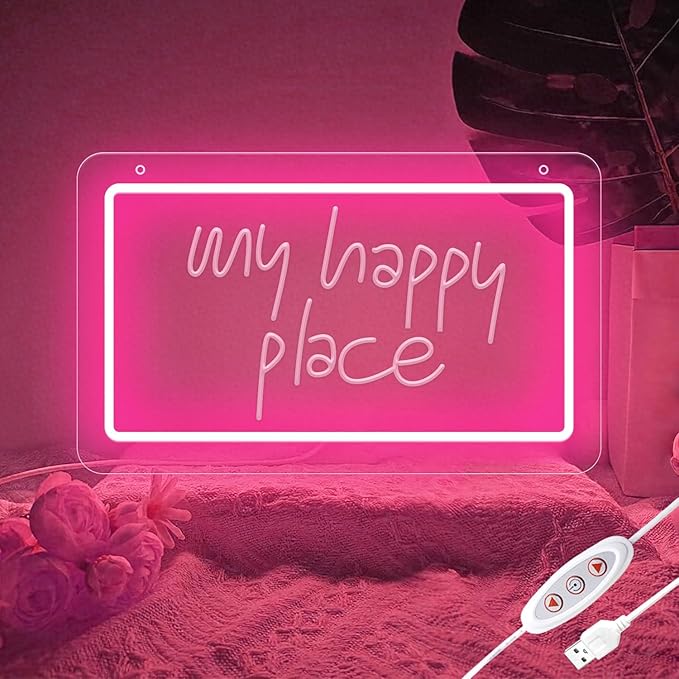 My Happy Place Neon Sign,Dimmable Pink LED Neon Signs for Wall Decor, USB Powered LED Letter Neon Signs, 3D Art Carving Design Light for Christmas Party Wedding Living Room Birthday Gift