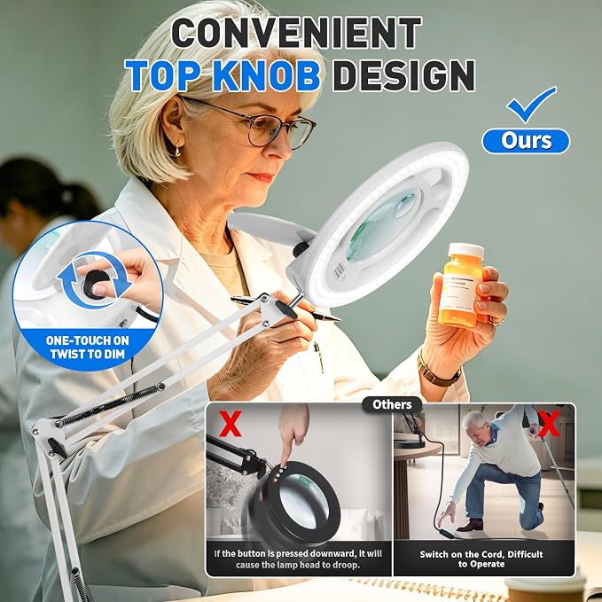 12X 30X Magnifying Glass with Light, KIRKAS 2,200 Lumens LED Magnifier Lamp | with Clamp, Stepless Dimmable Real Glass Lens, Adjustable Arm Workbench Light for Close Work Hobby Repair Craft - White