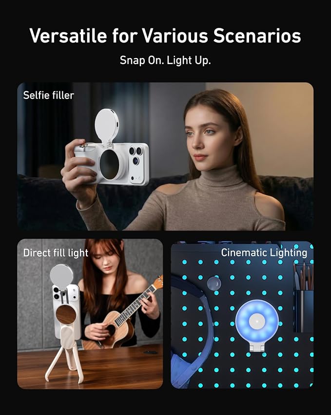 TELESIN Upgraded 4-in-1 Magnetic RGB Selfie Ring Light with Mirror & Phone Stand, Rechargeable Portable Clip On Fill Light for iPhone Samsung TikTok, Vlogging, Makeup, Photography, Streaming (White)