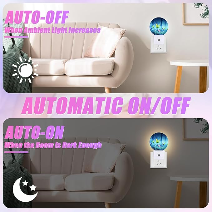Butterfly Night Light Misty Forest Night Lights LED Lamp Round Plug into Wall Nightlight with Dusk to Dawn Sensor Home Hallway Stairway Kitchen Decor