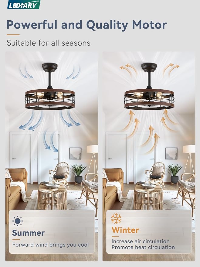 LEDIARY 18 inch Caged Fandelier Ceiling Fan Light with Remote, Walnut | 6 Speed Adjustable,Timing, Quiet & Powerful DC, Small, Farmhouse, Industrial, Enclosed, Bladeless, Bedroom, Kitchen, Downrod