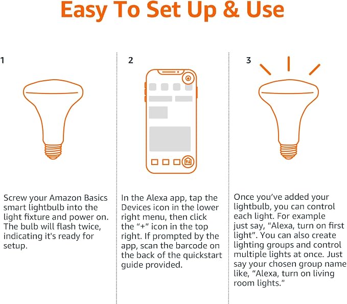 Amazon Basics Smart BR30 LED Light Bulbs, Color Changing, 9W (60W Equivalent), 800LM, Energy Efficient, Voice Control, Compatible with Alexa Only, 2.4 GHz Wi-Fi, No Hub Required, 8-Pack