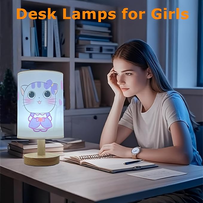 Kitty kids Bedside Table Lamps for Bedroom,Cute Cat Lamp for Girls Room Decor 3 Color Dimmable Cats Night Light with Cartoon Shade Desk Lamp for Girls Boys Cat Lovers Room Nursery Decorative Lights