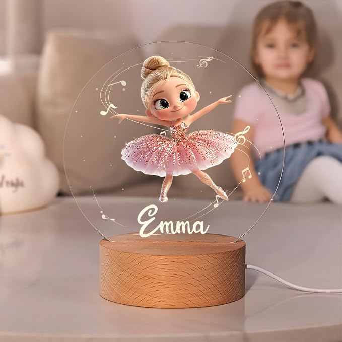 Personalized Ballet Night Light - Custom Name, Cute Acrylic Ballerina LED Light Lamp with Wooden Base for Bedroom Decor, Gifts for Kids Girls