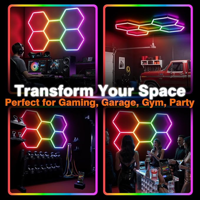 RGB Hexagon Garage Lights, Music Sync LED Hexagon Lights for Gaming Room, Smart App & Remote Control, DIY Honeycomb Ceiling Light for Studio Gym Basement Deco