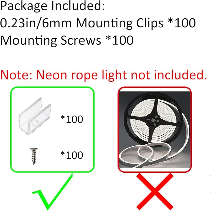 Neon Rope Light Mounting Brackets, 100PCS Install Fixing Clips Accessories for 6x12mm Silicone LED Flex Strip Lighting, DIY (100 Screws, 100 Clips)