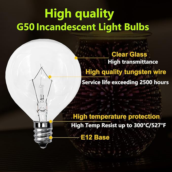 Candle Warmer Lamp Bulb,25 Watt Scentsy Light Bulbs for Wax Warmer,Wax Burner,G50 120V E12 Base Light Bulbs for Full Size Scentsy Wax Warmer,Long Lifespan Wax Warmer Bulbs,Warm White,6 Pack ﻿