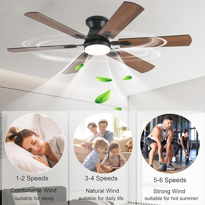 KNUN 56 inch Ceiling Fans with Lights,Brown Flush Mount Ceiling fan with Light and Remote/APP Control, 3CCT, Dimmable, Noiseless, Low Profile Ceiling Fan for Bedroom, Patio, Indoor/Outdoor Use