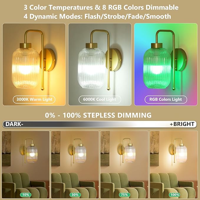 Vintage Battery Operated Wall Sconces Set of 2, Wireless Wall Lights with Remote and Color Temperature Bulb, Gold Cordless Rechargeable Wall Lamps with Clear Glass Shade for Bedroom Living Room