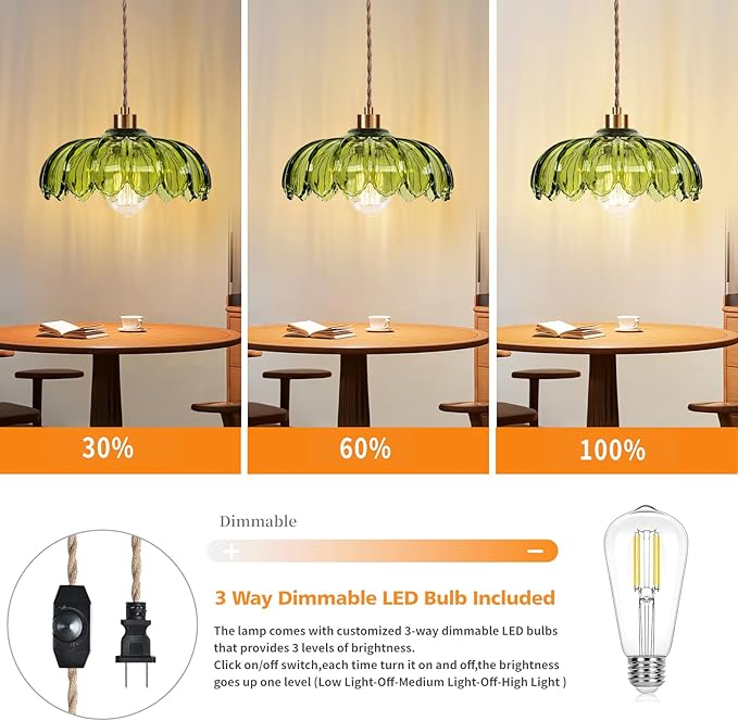 Plug in Pendant Light Hanging Lights with Plug in Cord Boho Hanging Lamp Glass Gold Mid Century Modern Vintage Dimmable Green Flower Plug in Chandelier Ceiling Fixture for Living Room,Kitchen