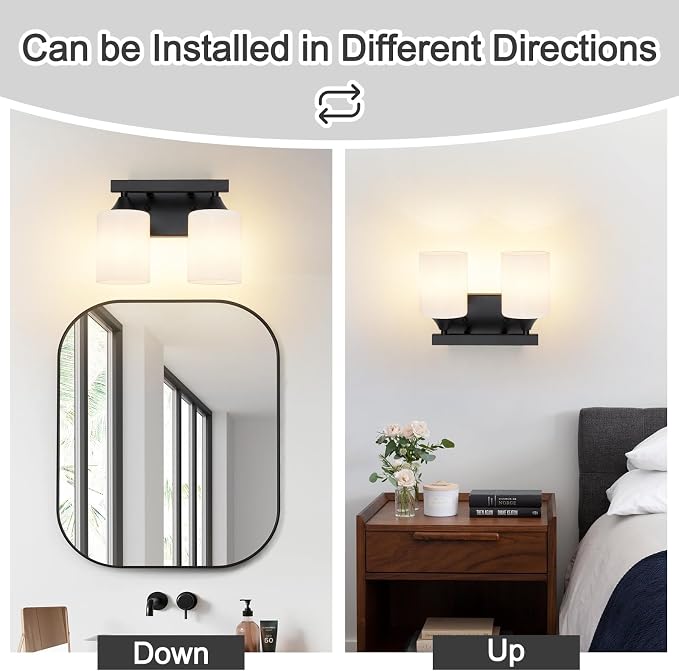 ZHU YAN Black Vanity Light Fixture,2 Light Bathroom Lighting Fixtures Over Mirror,Milky White Glass Shades,Bathroom Lights for Mirror Living Room Bedroom E26 Socket