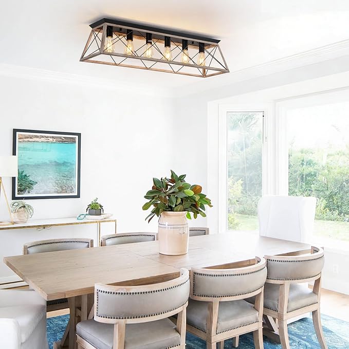 38" Large Rectangular Flush Mount Ceiling Light with Oak White Finish | 6-Light Vintage Industrial Farmhouse Cage Chandelier for Dining Room Living Room Hallway, Dimmable Kitchen Ceiling Lighting