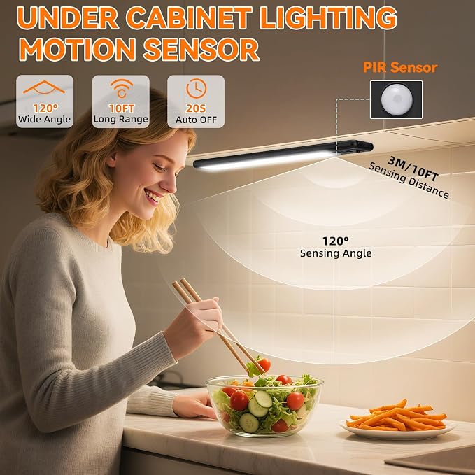 Under Cabinet Lighting Wireless, 15inch Motion Sensor Light, 3Pack-Black | Rechargeable, 3 Color Temps, Dimmable, Power Display, LED Closet Light Magnetic, Under Counter Lights for Kitchen Shelf Home