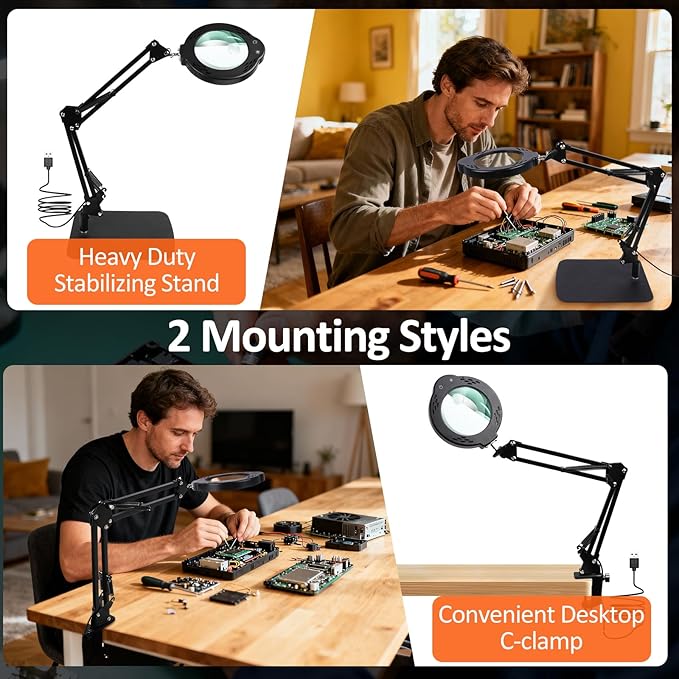 10X 30X Magnifying Glass with Light and Stand, Desktop LED Magnifying Lamp with Base and Clamp, 5 Color Modes, 3 Dimmable Levels Hands Free Magnifying Glass for Reading, Close Work, Crafts, Jewelry