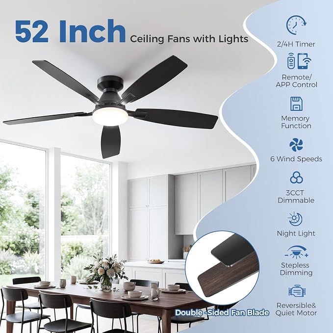 52 Inch Ceiling Fans with Lights, App & Remote Control, Quiet Reversible DC Motor, 6 Speeds, Dimmable 3CCT LED Light, Low Profile Flush Mount Ceiling Fan for Bedroom Living Room, Black