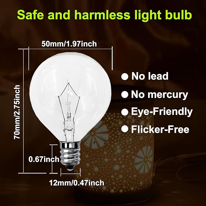 Candle Warmer Lamp Bulb,25 Watt Scentsy Light Bulbs for Wax Warmer,Wax Burner,G50 120V E12 Base Light Bulbs for Full Size Scentsy Wax Warmer,Long Lifespan Wax Warmer Bulbs,Warm White,6 Pack ﻿