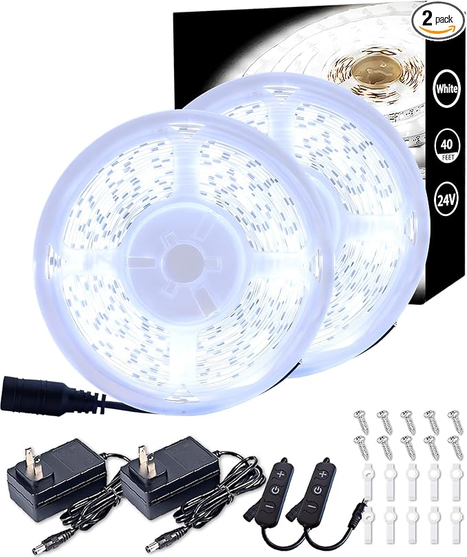 2 Set 20 FT Led Strip Lights for Bedroom Dimmable360 LEDs Rope Light Flexible Super Bright White Tape Lights for Ceiling Room Home Decor Luces LEDs （40FT）