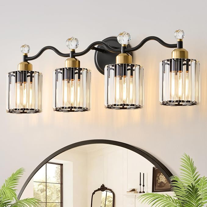 Black&Gold Bathroom Vanity Light Fixtures Over Mirror,4-Light Crystal Bathroom Light Fixtures,Vanity Light Fixtures Over Mirror,Wall Sconce with Clear Crystal Glass Shade, Kitchen, Living Room